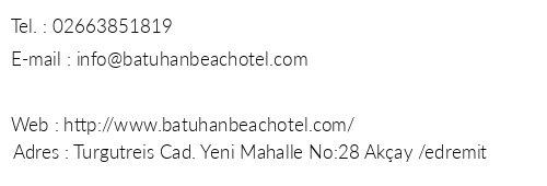 Batuhan Beach Otel telefon numaralar, faks, e-mail, posta adresi ve iletiim bilgileri